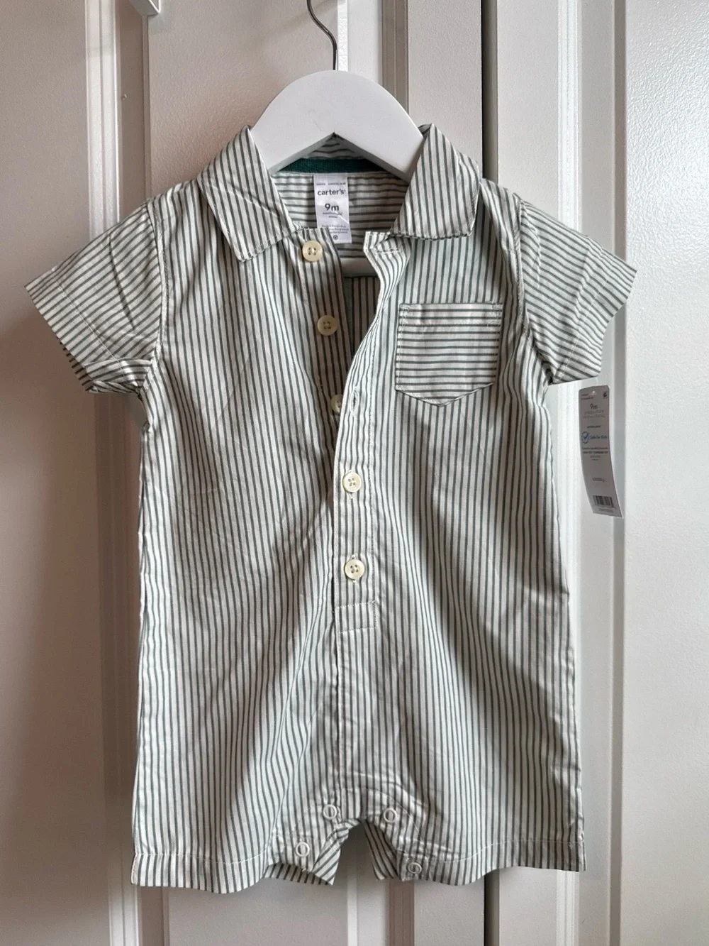 Carter's Green and White Striped Short-Sleeve Button Romper 9 months